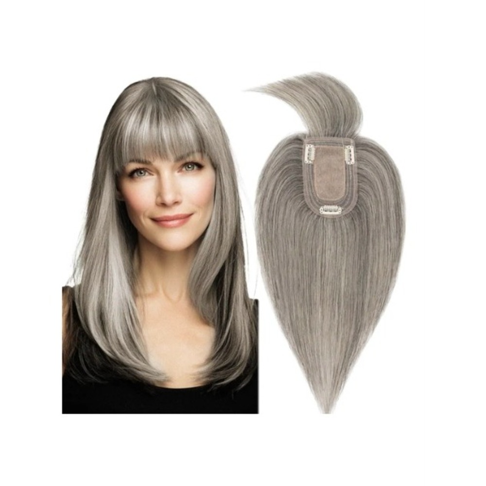 MY-LADY Human Hair Topper 14" White Blonde Black Silk Base Lace Clip In Bangs
